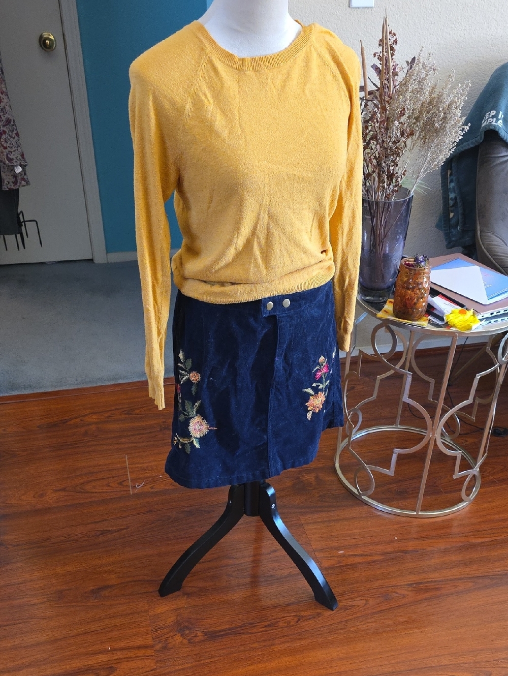 Embroidered Navy Corduroy Skirt